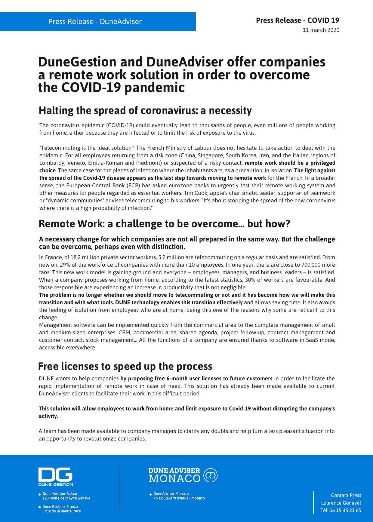 Communiqué de Presse FR - Télétravail - Covid-19