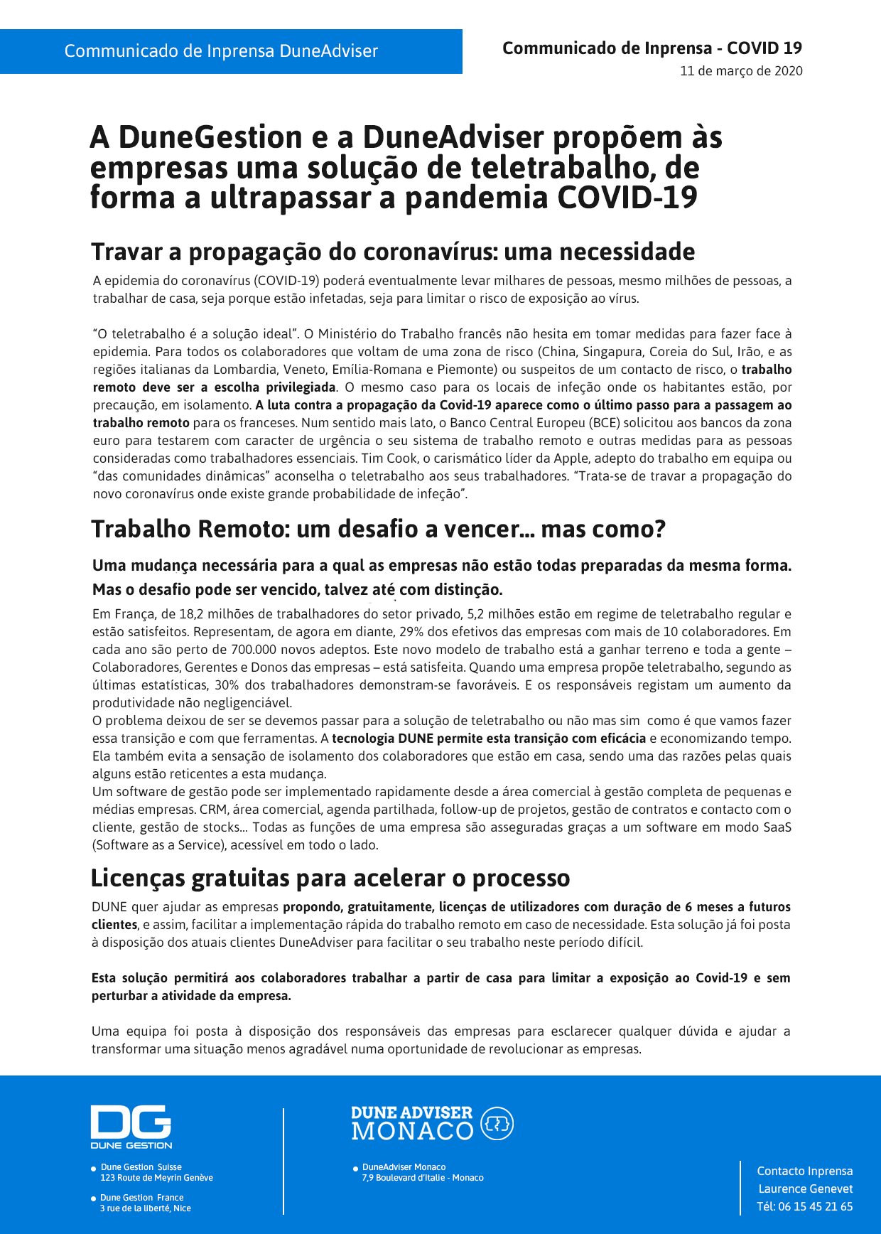 Communiqué de Presse FR - Télétravail - Covid-19