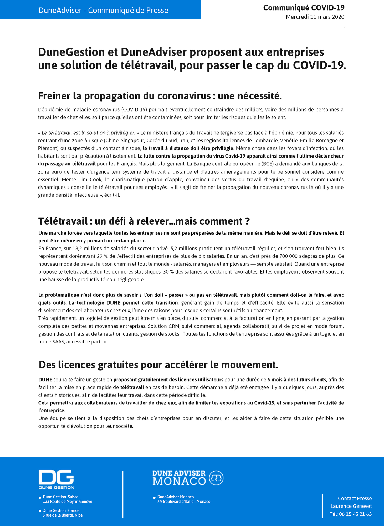 Communiqué de Presse FR - Télétravail - Covid-19